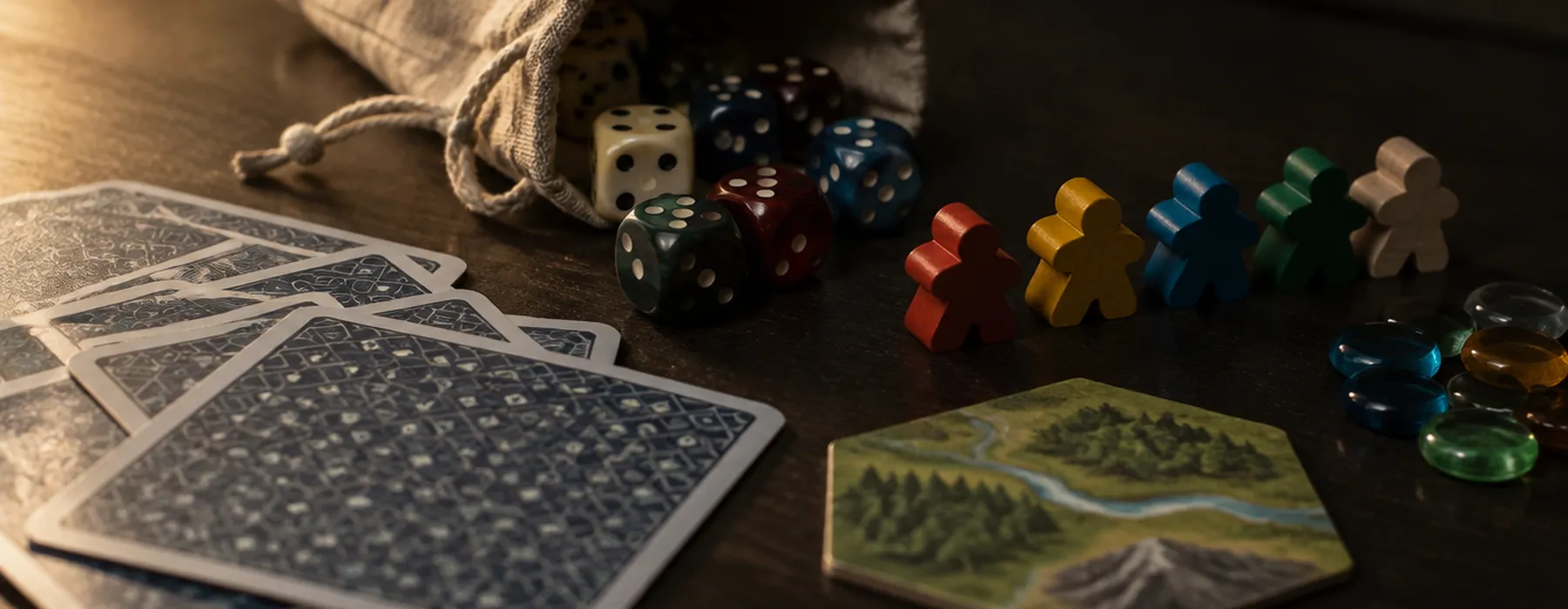 Karten, Würfel und Spielfiguren auf einem Tisch